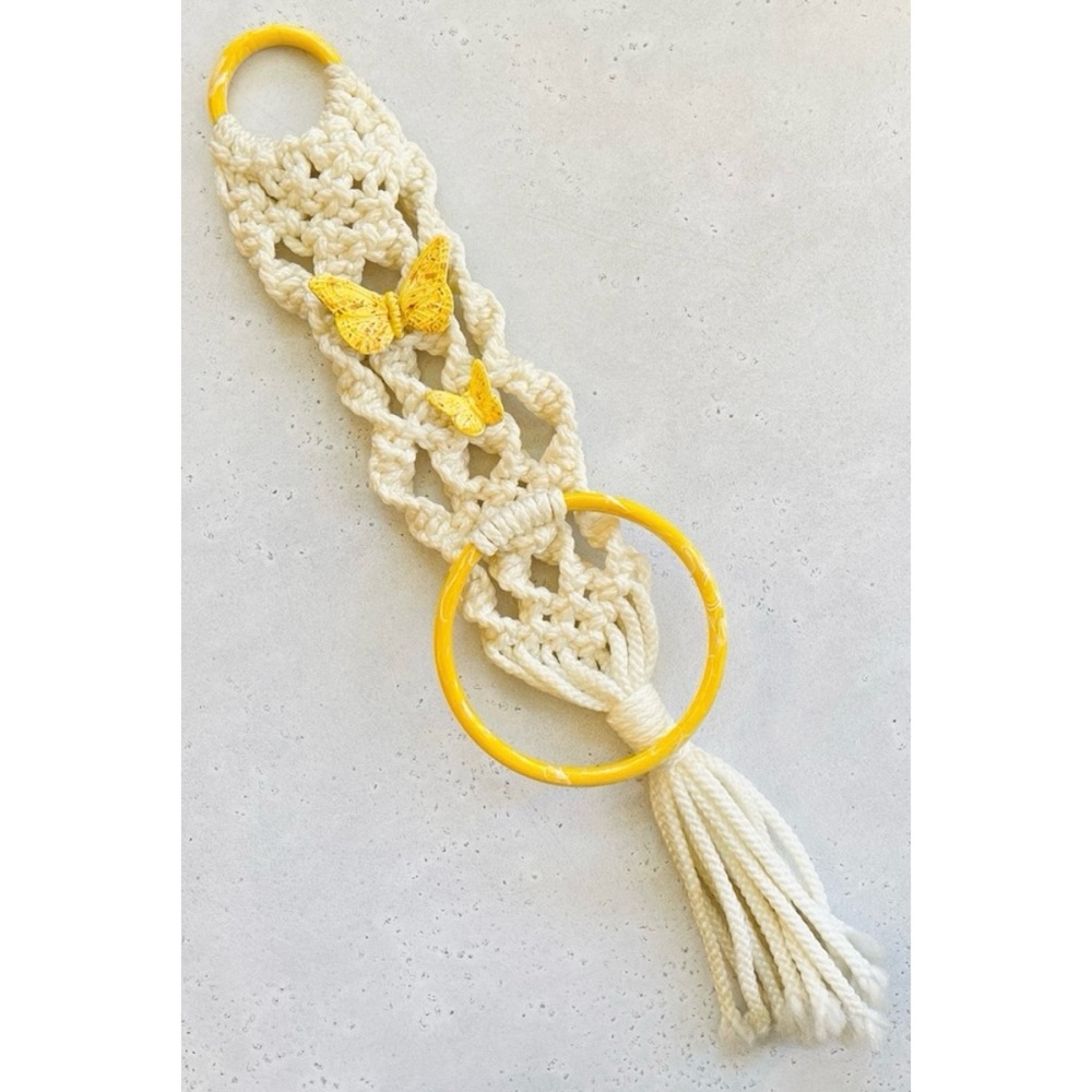 Macrame Kitchen Hanging Towel Holder Ring Butterfly Decor Fringe 24” Vintage MCM
